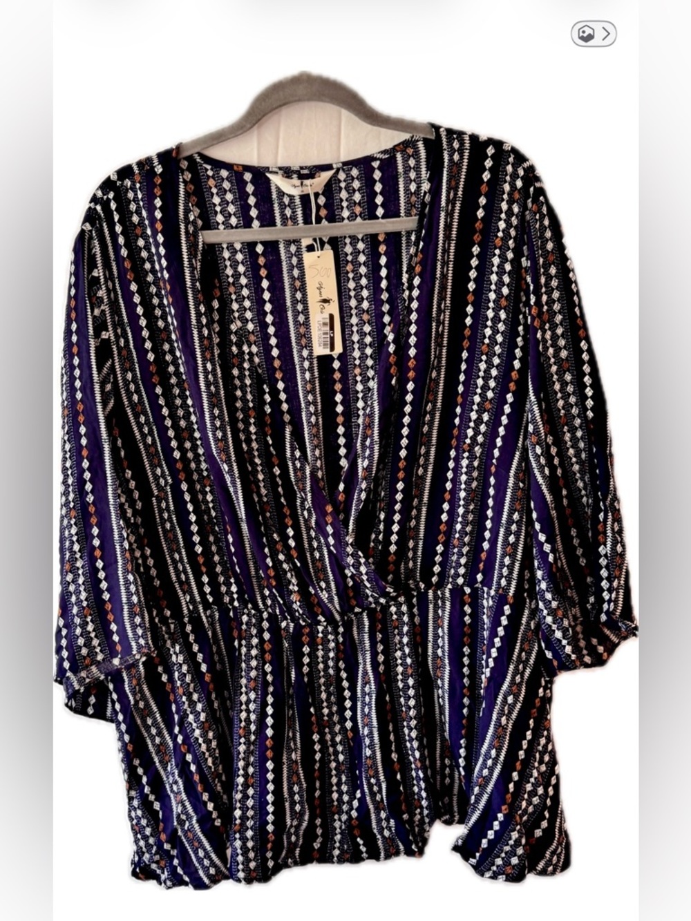 NWT Agnes Orinda 3X Boho Blouse Flowy V-Neck Lightweight Navy Print